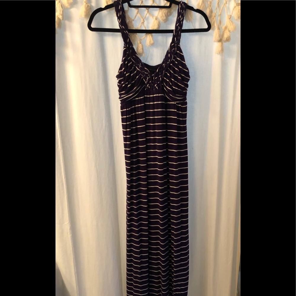Blue and white striped maxi dress